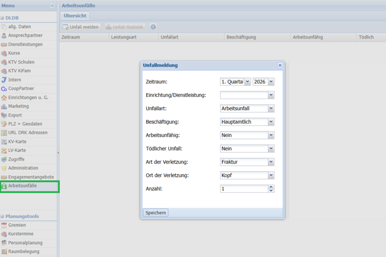 Unfallstatistik im DRK - DLDB-Ansicht